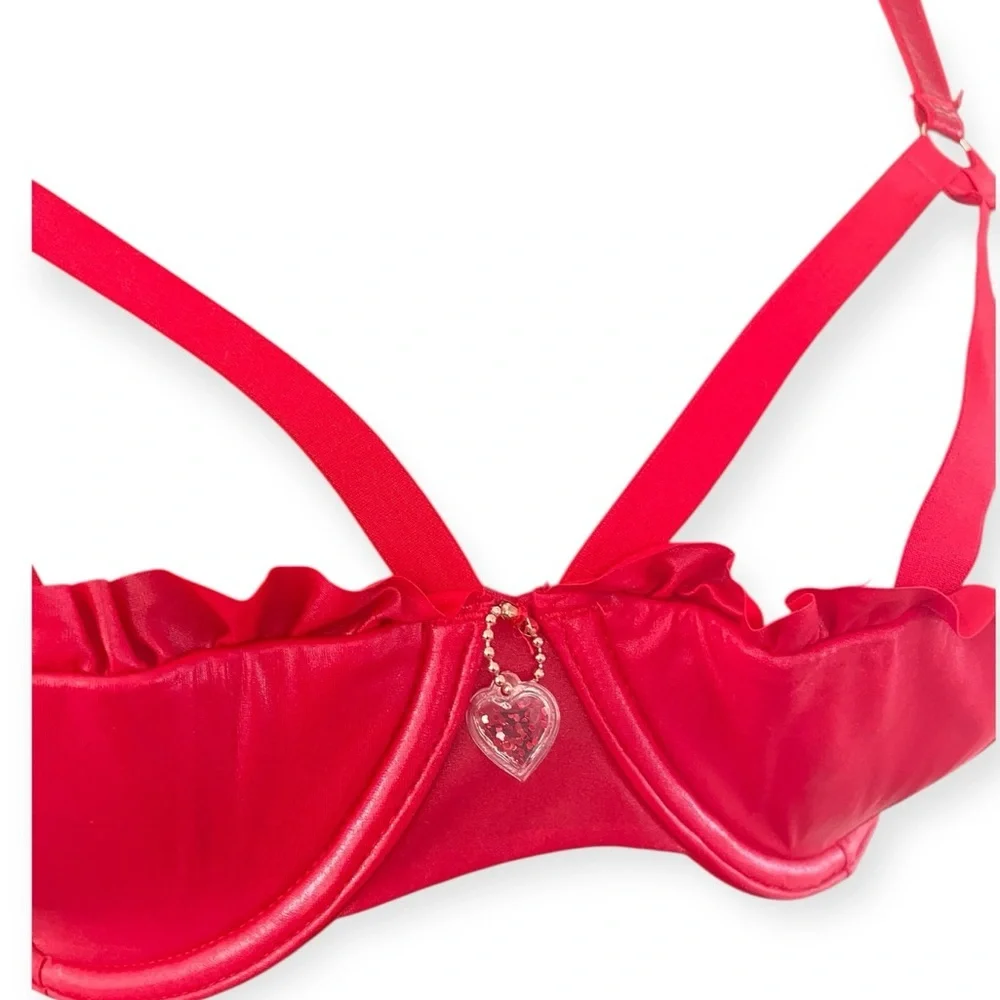 Savage X Fenty Red Glossy Flossy Caged Quarter Cup Bra Womens 32C Gogi Berry Red